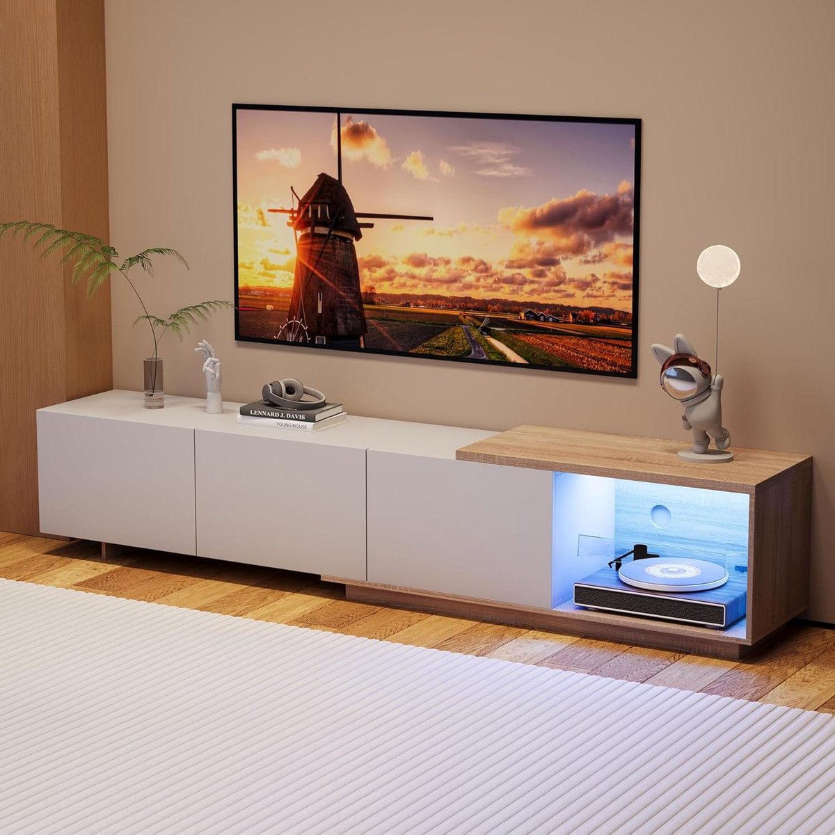Uitschuifbaar TV Meubel - Dressoir Laag - Woonkamer Opbergen - Geïntegreerde LED Verlichting - 163-240 cm - Wit Bruin
