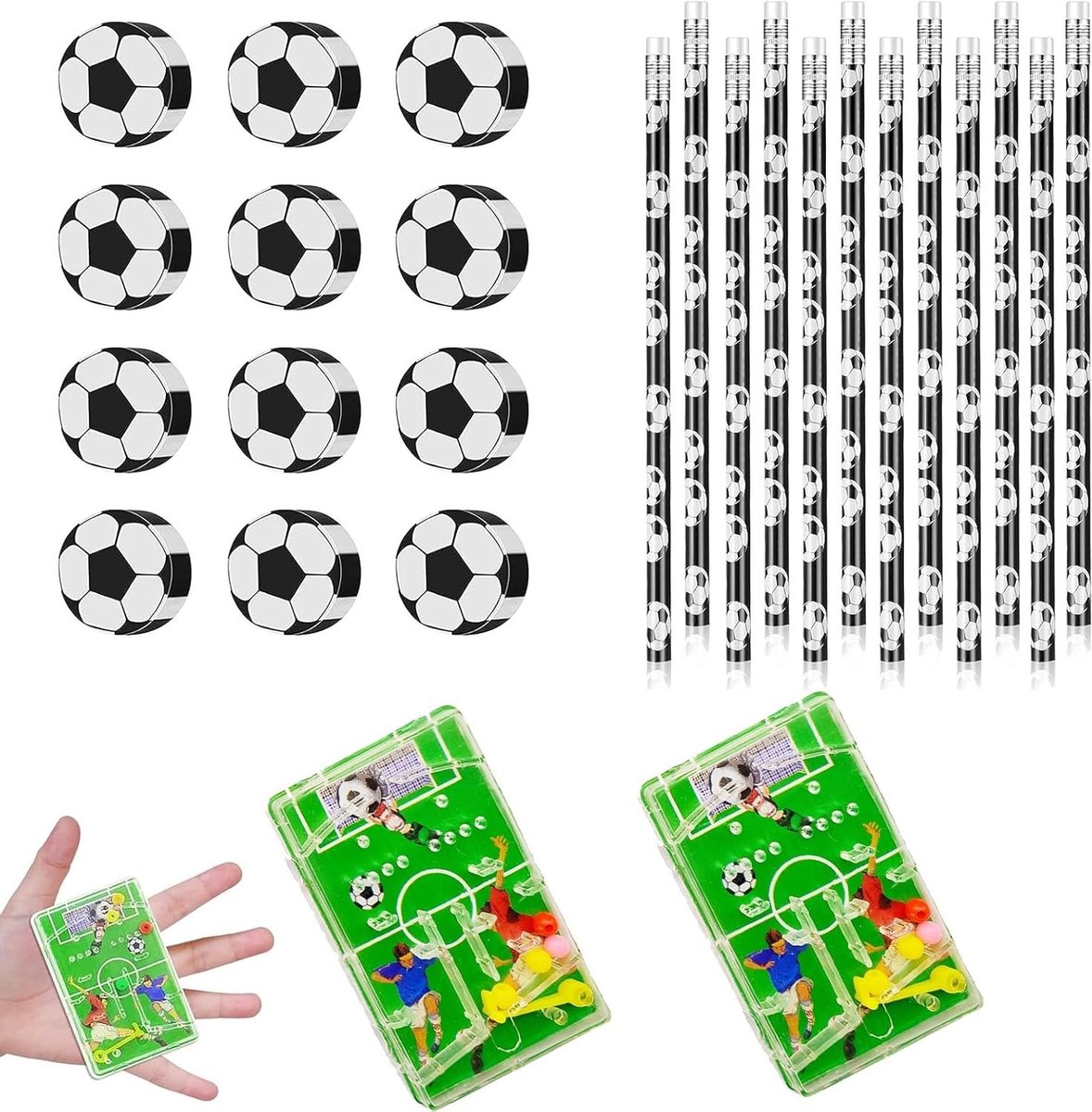 12 Stuks Voetbal Potloden, 12 Stuks Soccer Gummetjes en 2 Stuks Voetbal Speelgoed voor Sportthema Feestjes en Schoolactiviteiten
