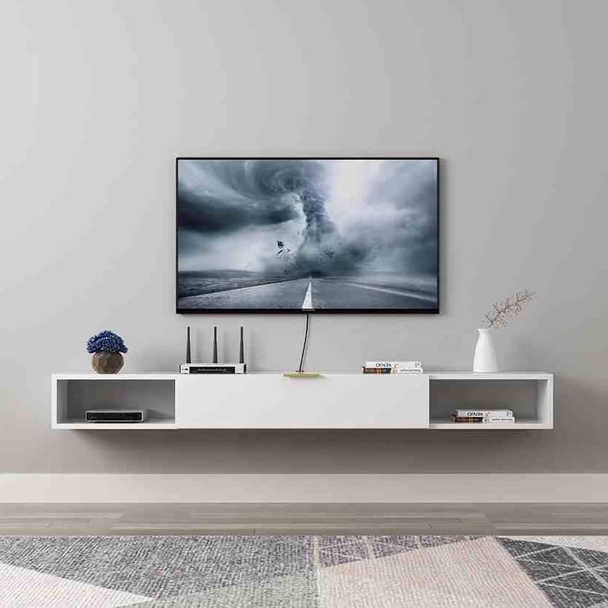 Zwevende TV Kast - Mediameubel Wandmontage - Media Opbergen - Met Klepdeur - 120x20x18.2cm - Wit