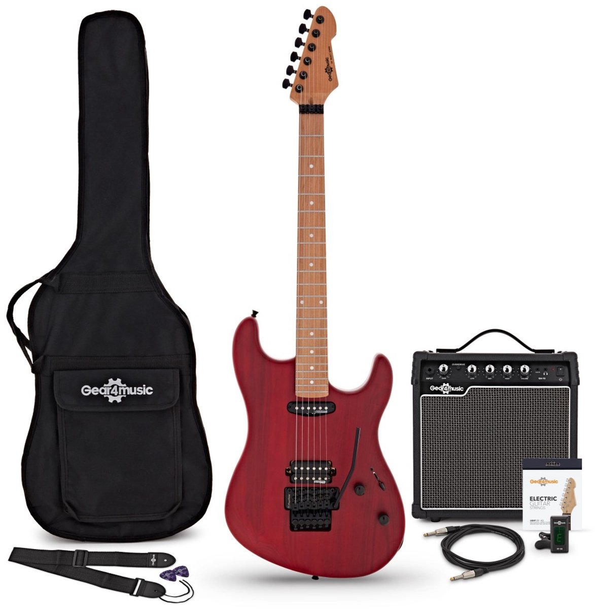 LA Select Modern Elektrische Gitaar, Transparent Ruby Red, 15W Versterker & Accessoireset