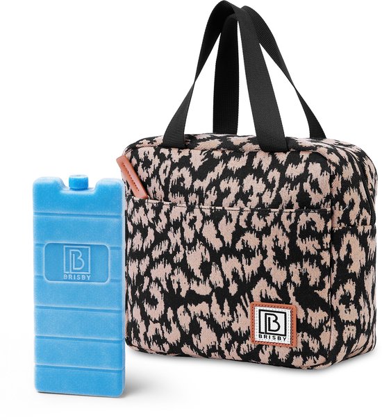 Sac isotherme imprimé léopard avec un bloc réfrigérant bleu.