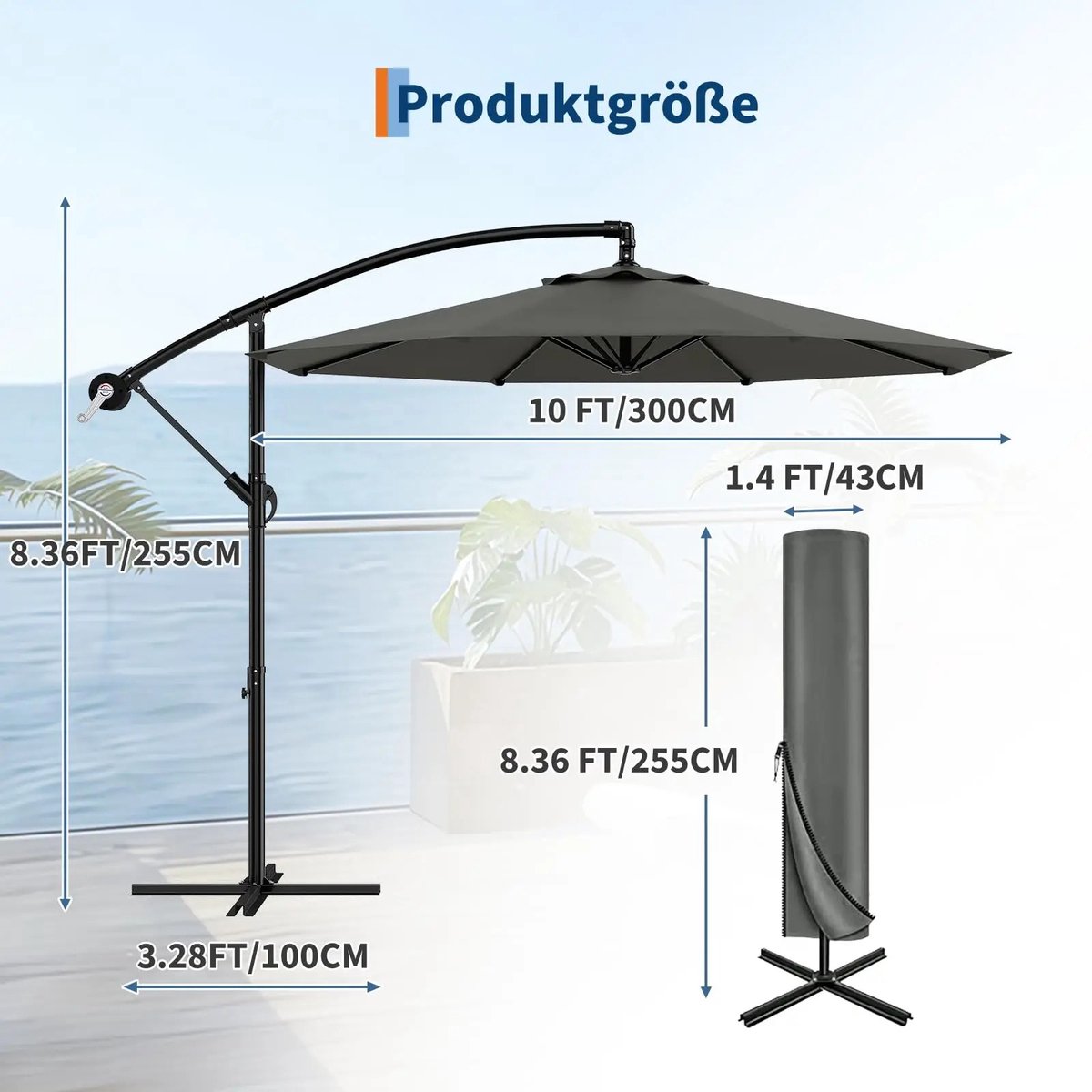 VIEMAE Parasol - Zweefparasol - Tuinparasol - Kantelbaar - 360° draaibaar - Waterafstotend - Versterkte kruisvoet - 300cm - Grijs – foto 2
