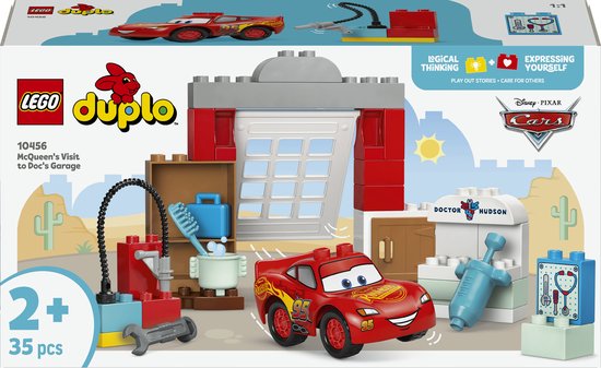 LEGO Duplo Disney en Pixar Cars McQueens Bezoek aan Docs Garage: rode Lightning McQueen, garage, doktersspullen.