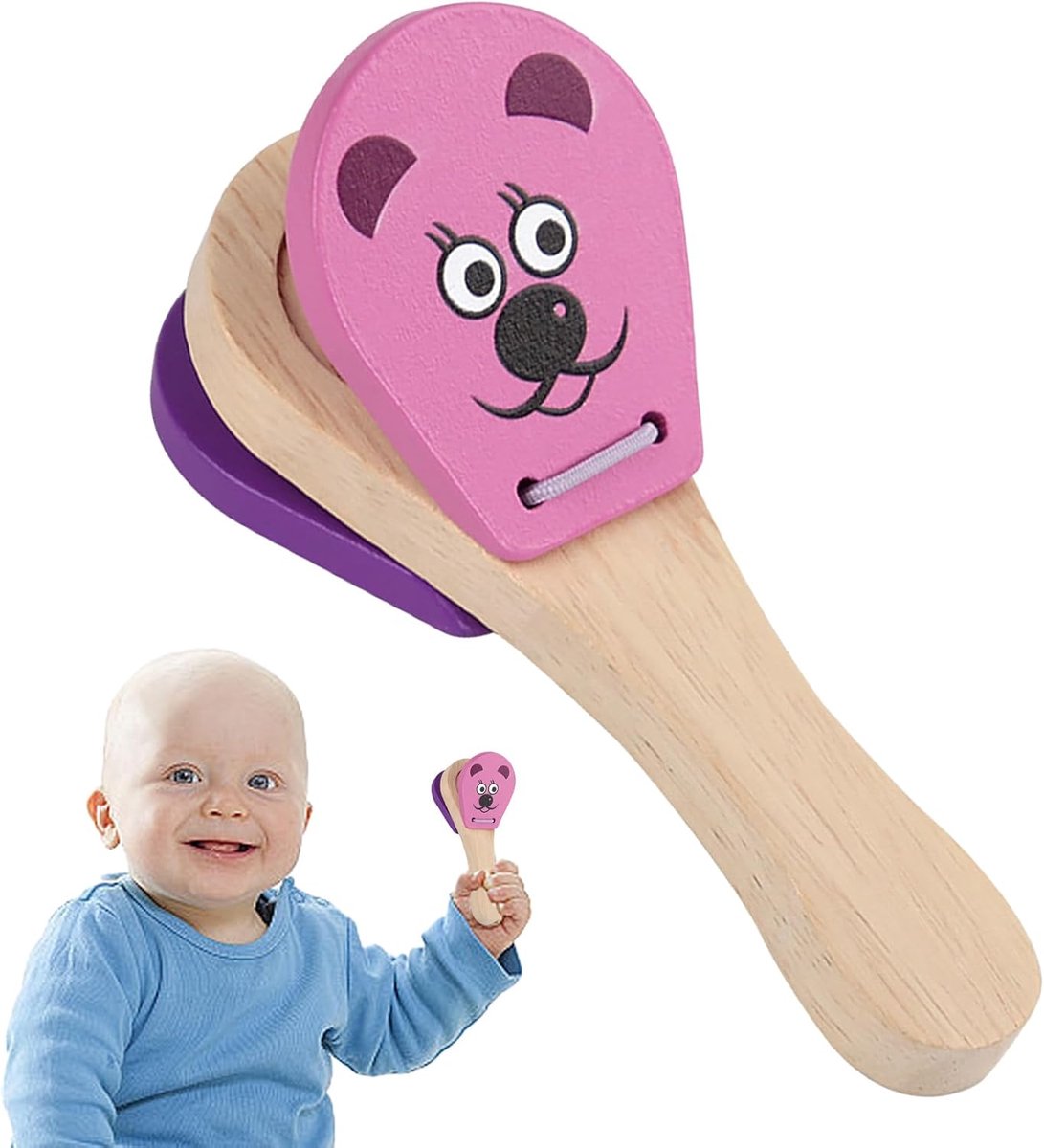Houten Castagnetten - Muziek Clapper - Peuter Percussie - Vroeg Onderwijs Instrument - 12 x 4.5 x 3 cm - Beer