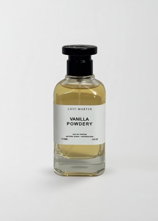 Loui Martin Vanilla Powdery eau de parfum 100ml fles met een transparante glazen fles en zwarte dop.