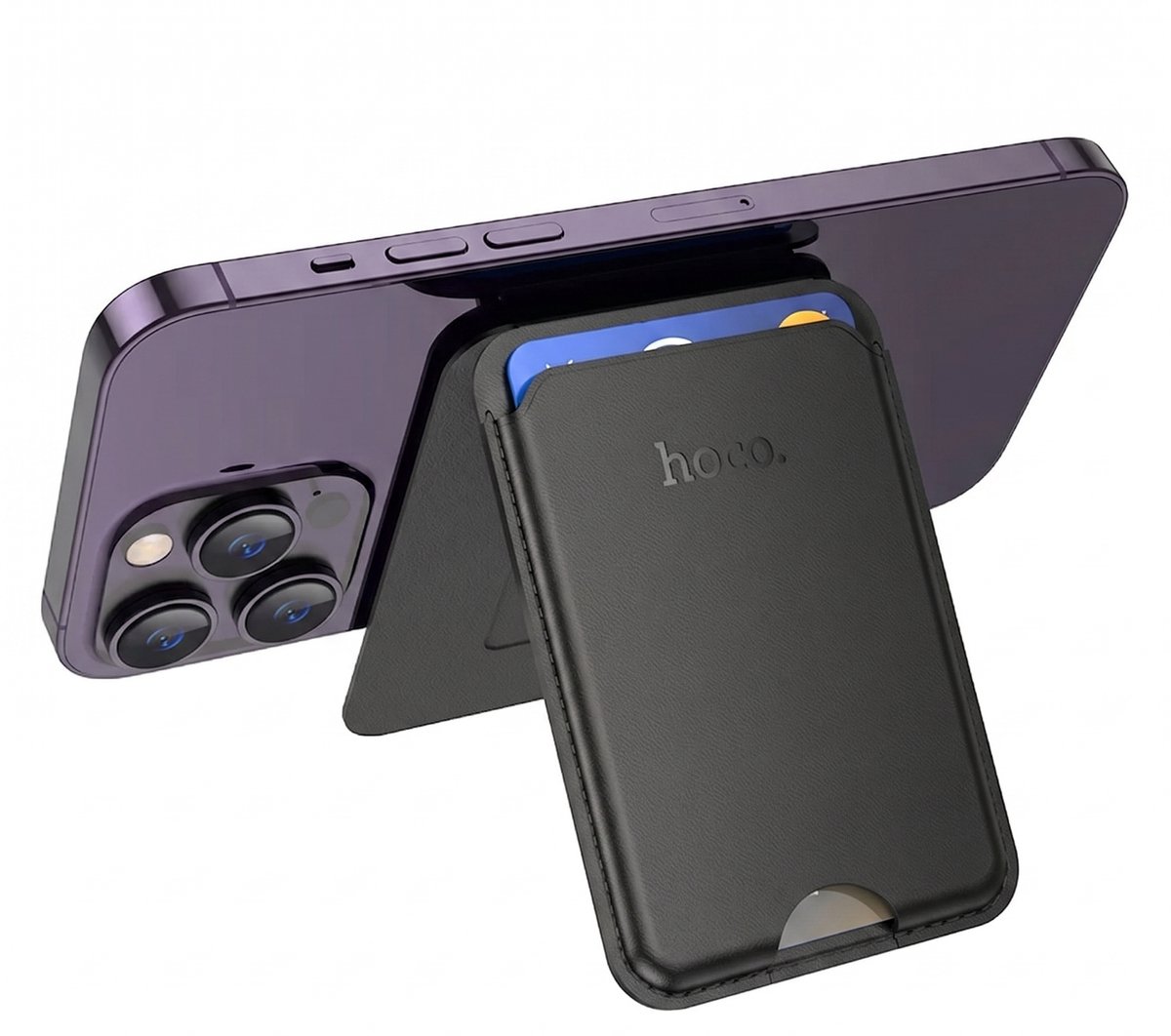 Hoco Magnetische Pasjeshouder met Kickstand - Zwart - Geschikt voor MagSafe - Geschikt voor MagSafe Kaarthouder met Standaard - Creditcardhouder Wallet Geschikt voor iPhone 17/16/15/14/13/12 Pro/ Pro Max/Air