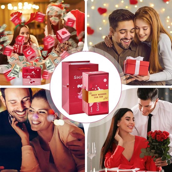 Vier collages van gelukkige koppels, rode cadeaus en verrassingsdozen met geld.