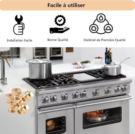 Een luxe gasfornuis met potten en pannen. Een cirkel toont vijf gouden messing gasmondstukken en een sleutel. Tekst zegt "Gemakkelijk te gebruiken".