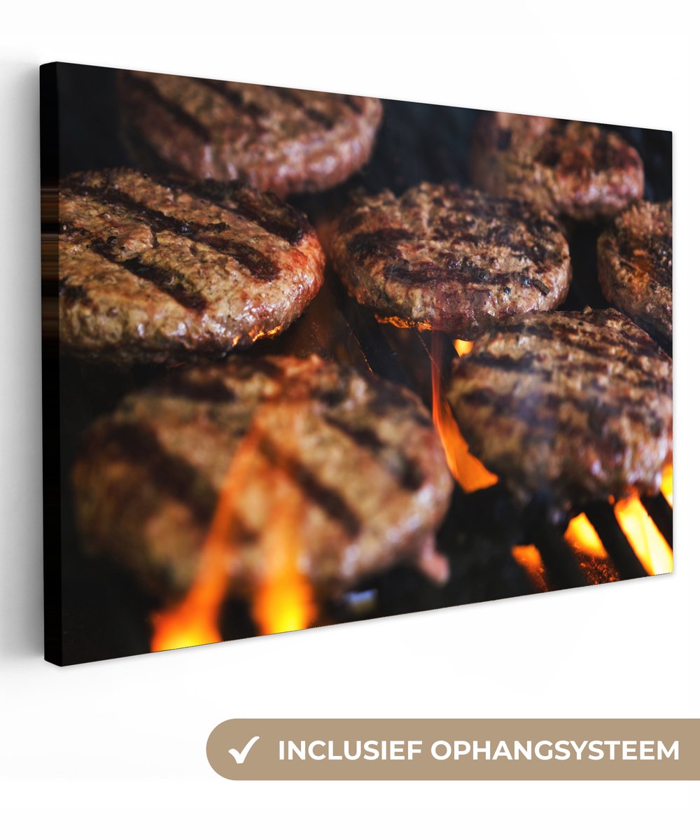 Canvas schilderij 30x20 cm - Wanddecoratie BBQ - Vuur - Hamburger - Muurdecoratie woonkame