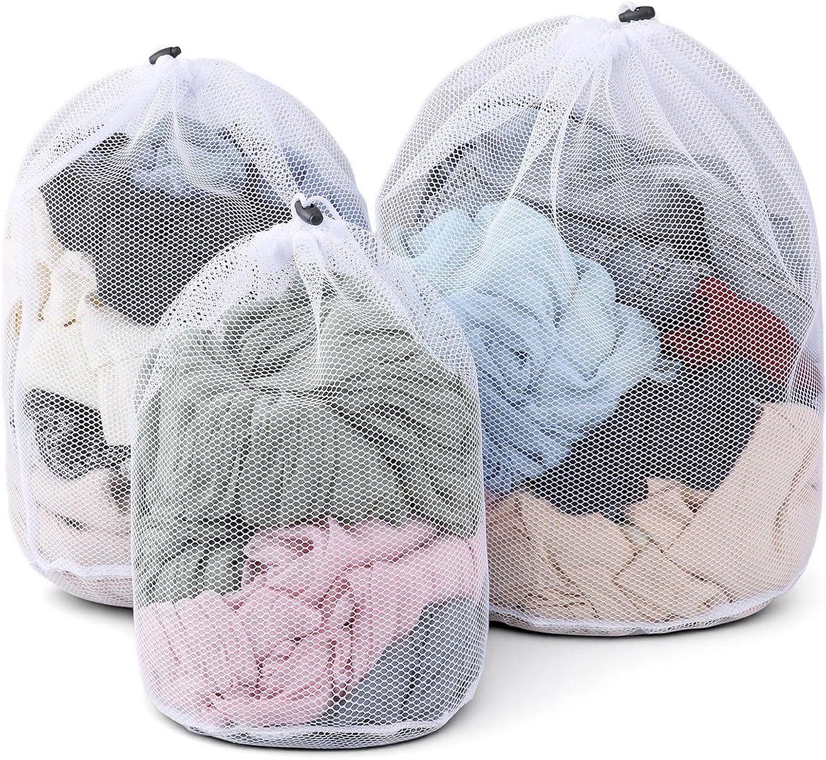 Set van 3 waszakken voor wasmachine, mesh wasnetten met trekkoord, beschermt kleding tegen vervorming en vouwen, maten 30 x 40, 40 x 50 en 50 x 60 cm