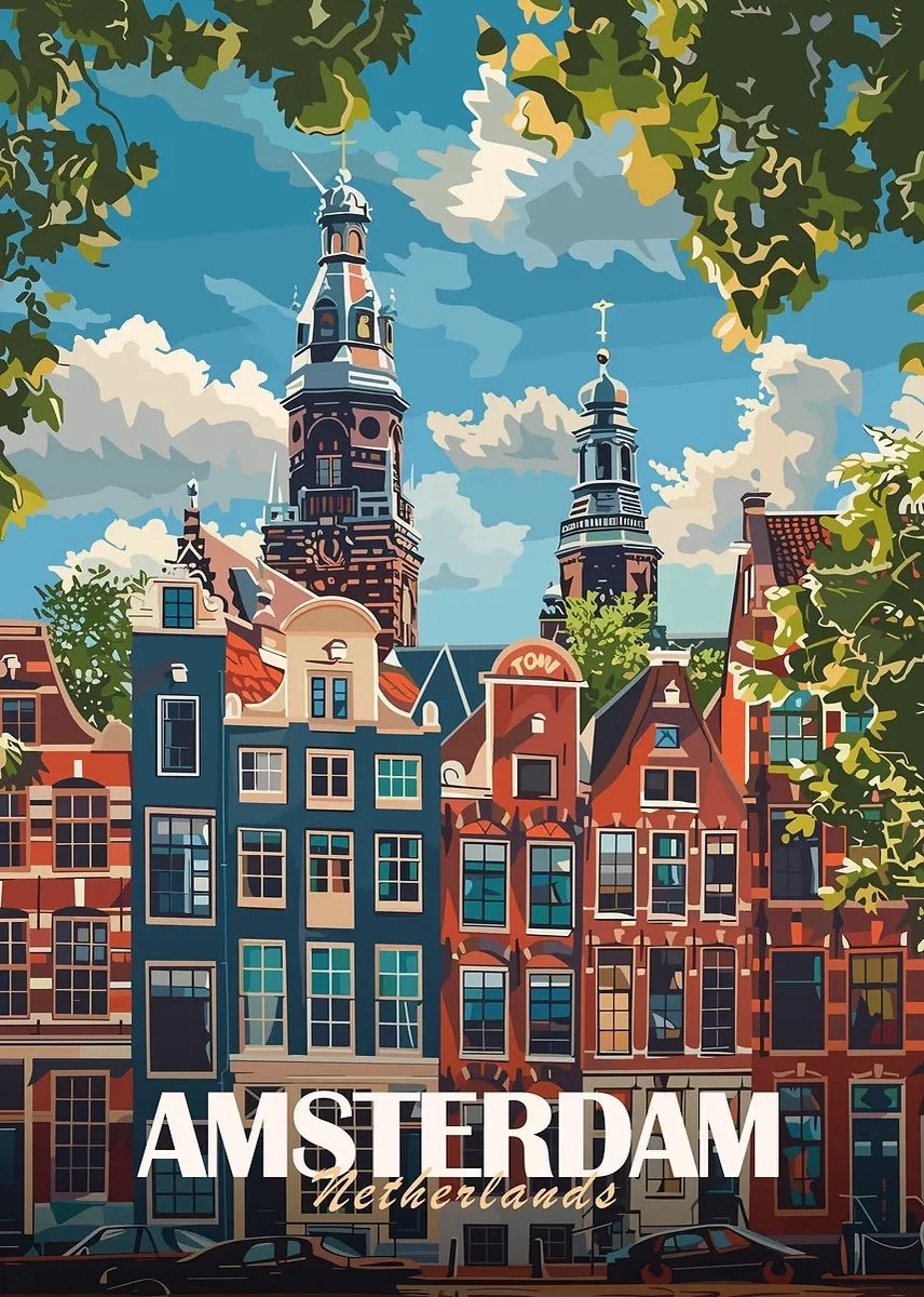 CINK Living® Amsterdam Vintage Travel Poster – Amsterdam Canvas Wanddecoratie – Kleurrijke City Poster Nederland – 50x70 cm Zonder Lijst
