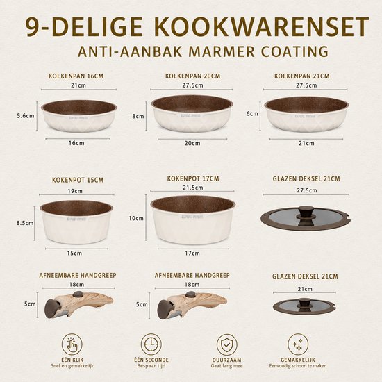 Pannenset 9-Delige Inductie – Afneembare Handgrepen – PFAS & PFOA Vrij – Ovenbestendig & Stapelbaar – Beige – Royal Swiss®