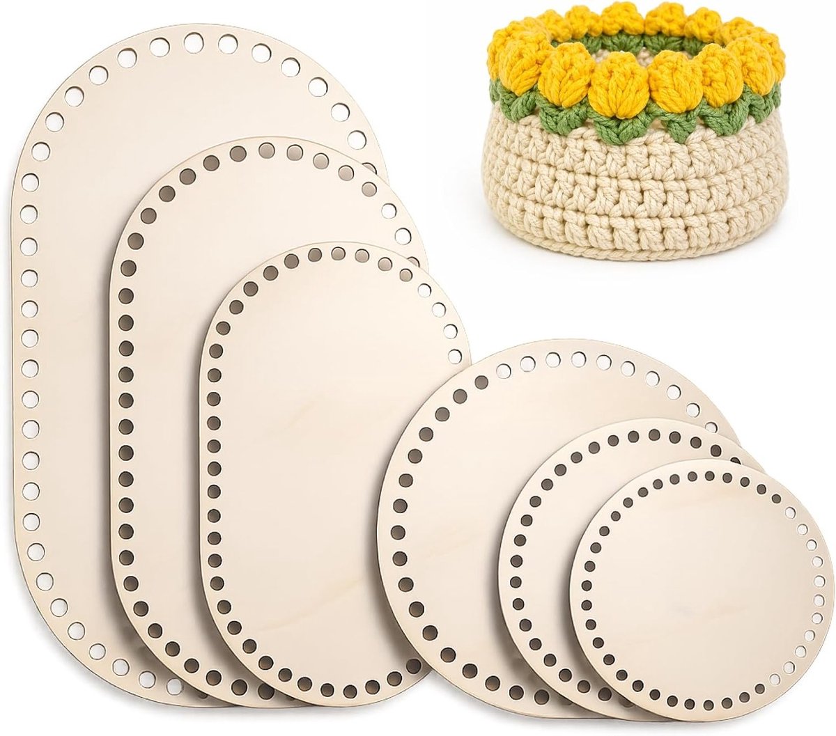 Set van 6 ronde en ovale houten vloeren voor haakmanden, stabiele mandbodem met 6 mm gaten, ideaal voor DIY-projecten en creatief haken