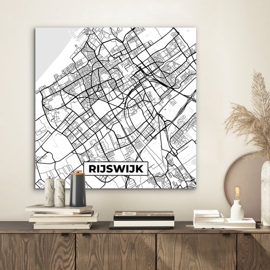 Aluminium schilderij 50x50 cm - Wanddecoratie metaal - Kaart - Rijswijk - Zwart - Wit - Metalen muurdecoratie woonkamer - Decoratie industrieel - Foto op dibond - Industriële accessoires slaapkamer