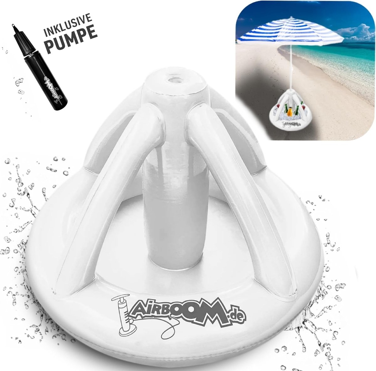 - Opblaasbare parasolstandaard voor strandparasols met drankkoeler en zonwering (wit) voor strand en camping