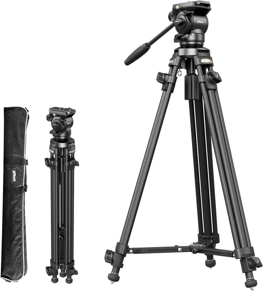 Lichtgewicht Carbon Fiber Video Tripod met Stepless Damping, 64'' Camera Statief, Ontkoppelbare Handgreep en QR Plaat voor Professionele Opnames tot 6kg