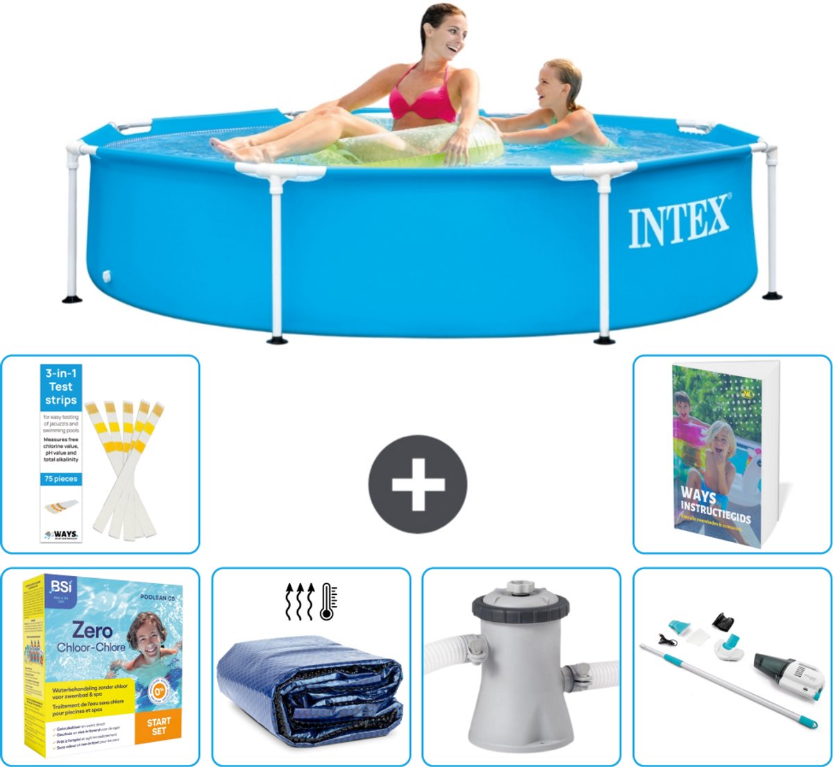 Intex Rond Frame Zwembad - 244 x 51 cm - Blauw - Inclusief Onderhoudspakket - Solarzeil - Zwembadfilterpomp - Stofzuiger - 7-delig