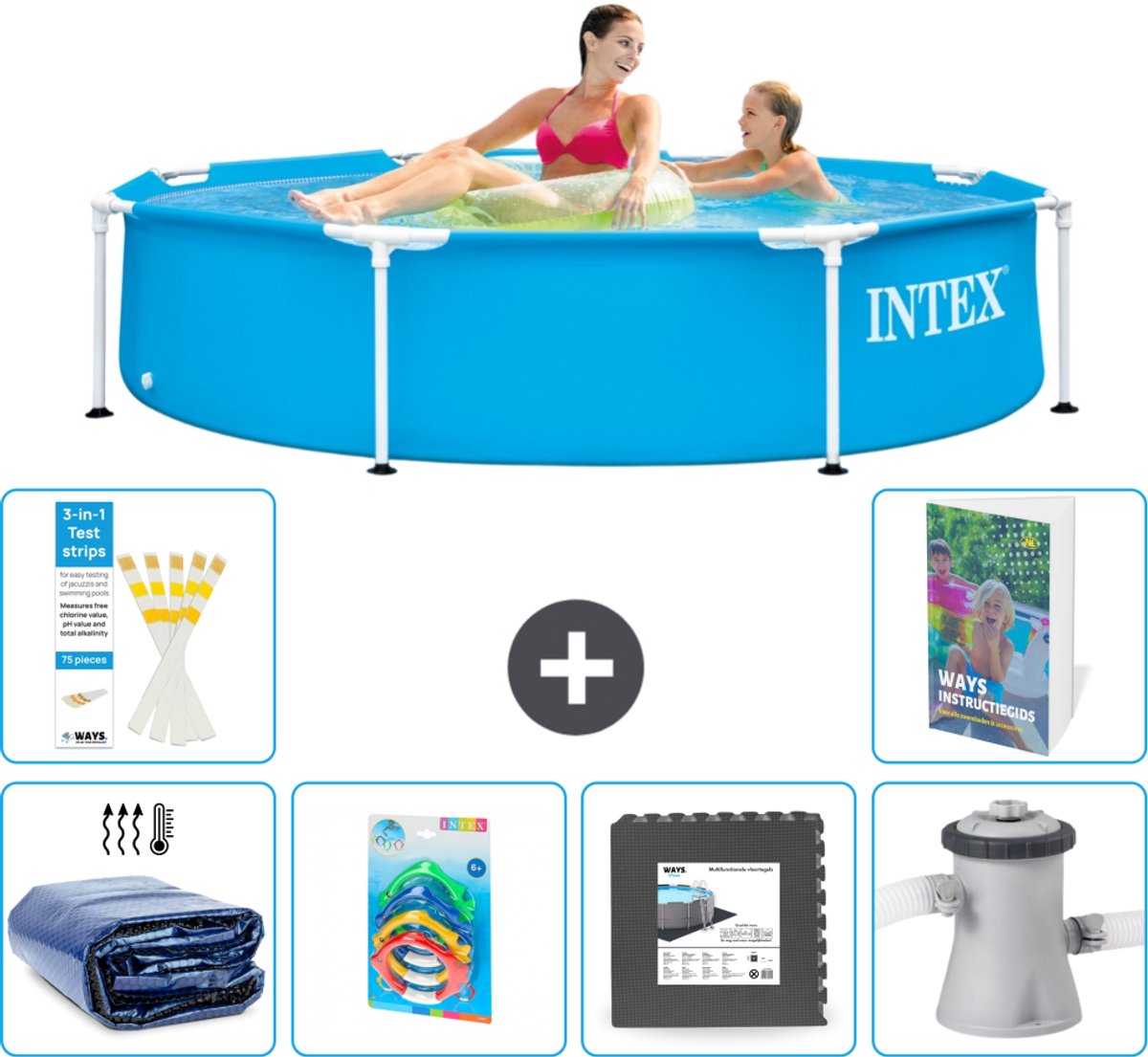 Intex Rond Frame Zwembad - 244 x 51 cm - Blauw - Inclusief Solarzeil - Speelgoed - Vloertegels - Zwembadfilterpomp - 7-delig