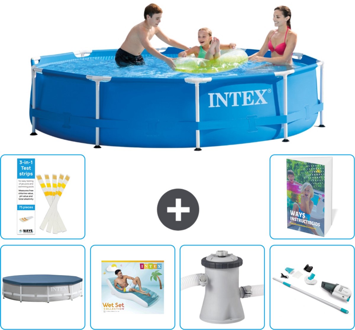 Intex Rond Frame Zwembad - 305 x 76 cm - Blauw - Inclusief Afdekzeil - Loungebed - Zwembadfilterpomp - Stofzuiger - 7-delig