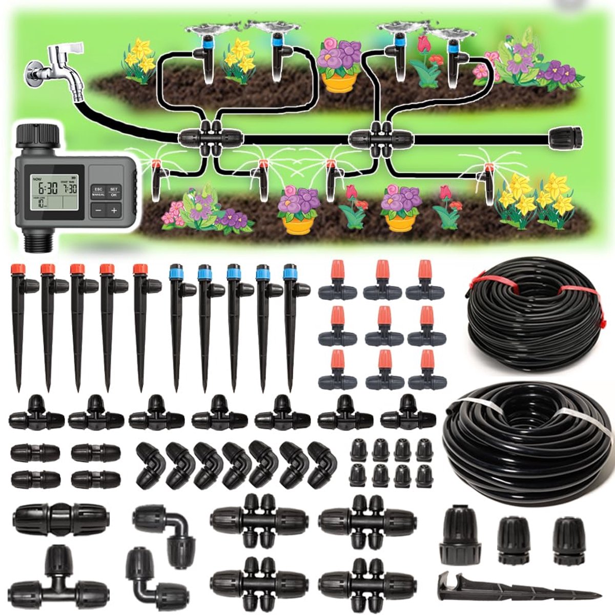 Automatisch Bewateringssysteem - Druppelslang Kit - Planten Water Geven - Met Tijdschakelaar - 110 Delen Set