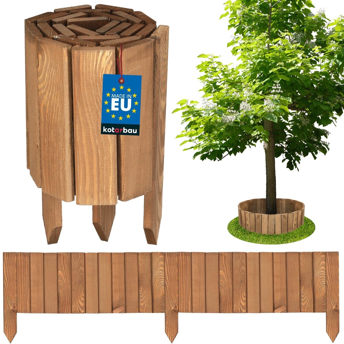 KOTARBAU® Bloembedrand, Rolborder, 110 x 20 cm, Bruin, Tuinafscheiding, Houten Tuinhek, Borderrand, Palissade, Schapenhek, Tuindecoratie