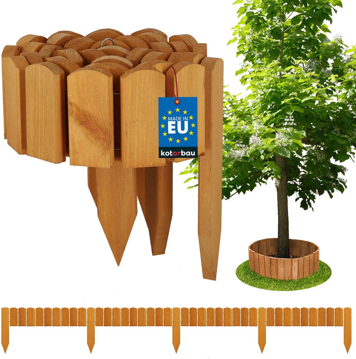 KOTARBAU® Bloembedrand, Rolborder, 200 x 10 cm, Eik, Tuinafscheiding, Houten Tuinhek, Borderrand, Palissade, Schapenhek, Tuindecoratie