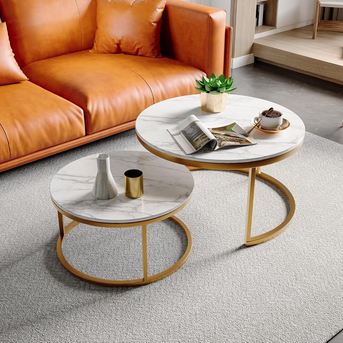Salontafel set - Ronde bijzettafels - Woonkamer kantoor - Set van twee - 80x45cm 60x33cm - Wit marmer goud
