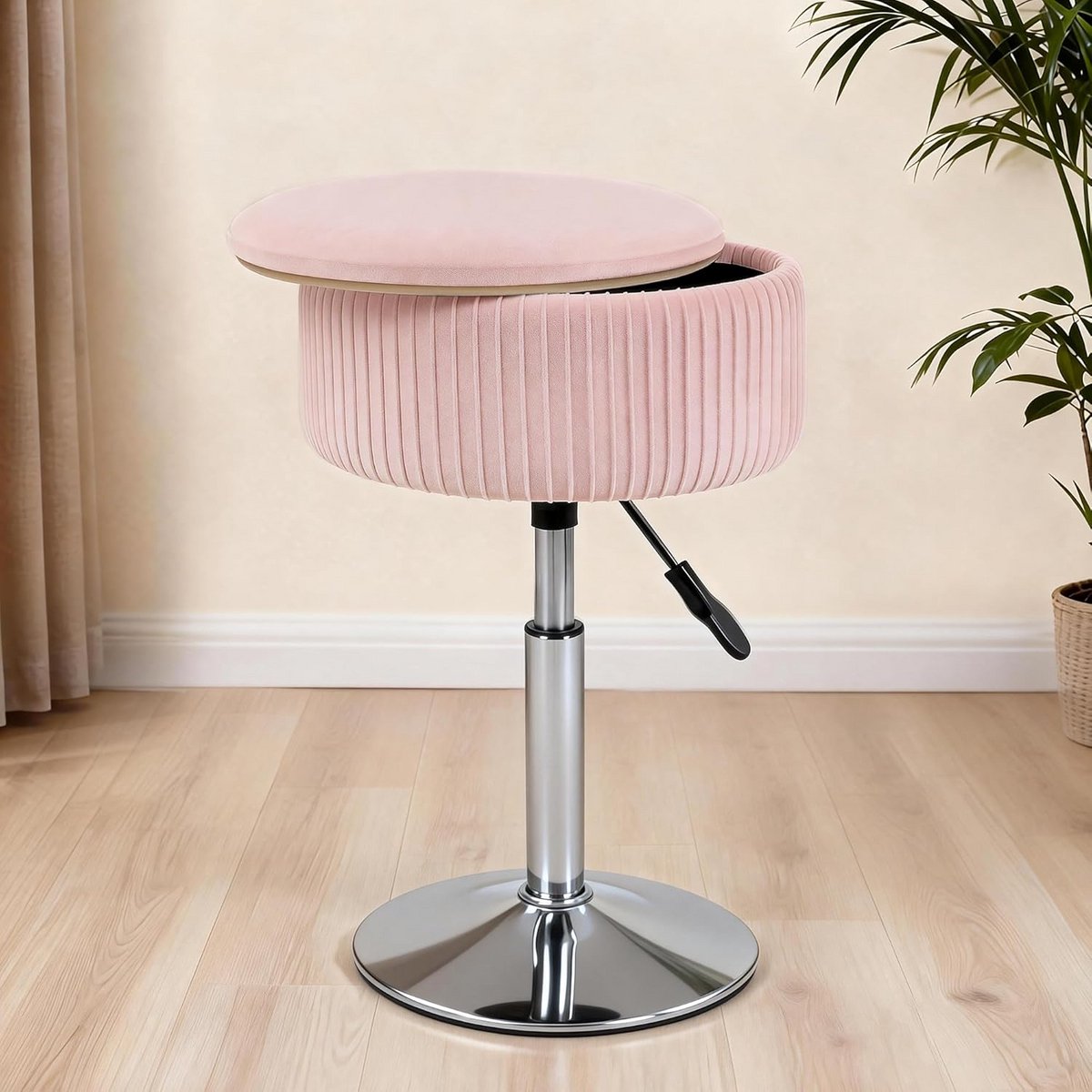 Roze Fluvelen Make-up Kruk met Opbergruimte en Draaifunctie
