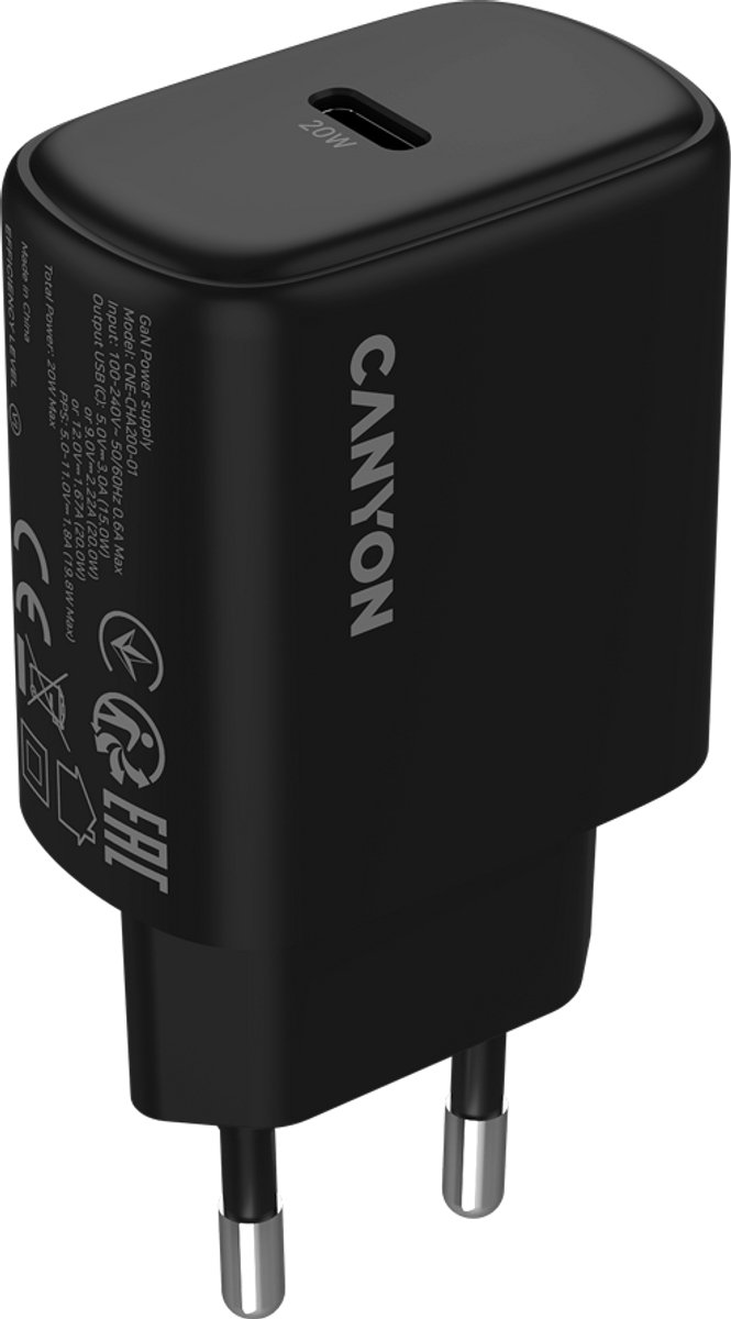 Canyon OnCharge 200 - Stroomadapter - 20W - USB-C - Zwart