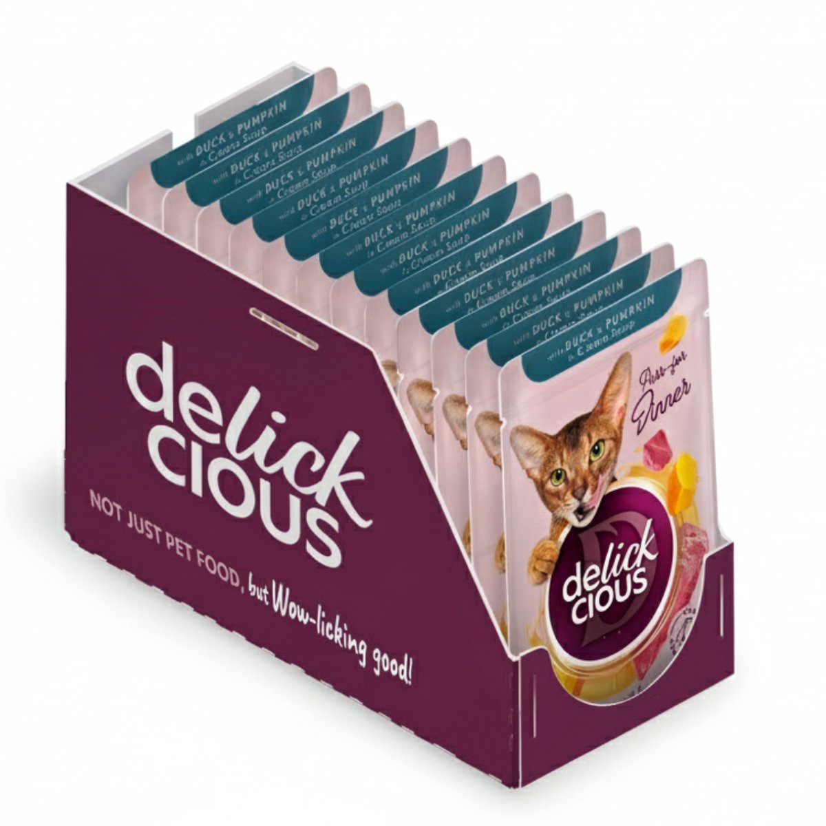 delickcious DELICKCIOUS volwassen katten natvoer reepjes met eend en pompoen in roomsoep 12x85g