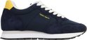 Rechterzijkant van de blauwe Teddy Smith sneaker met witte veters en geel hieldetail.