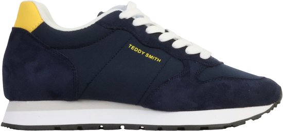 Rechterzijkant van de blauwe Teddy Smith sneaker met witte veters en geel hieldetail.