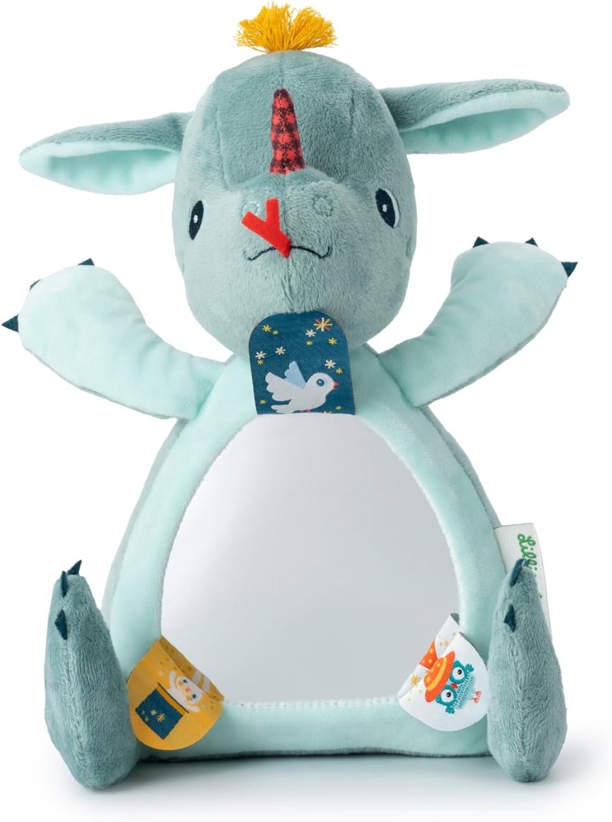 Draak activiteitenknuffel - Baby speelgoed - Zintuiglijke Ontdekking - Grote spiegel - 15 x 20 x 26 cm - Meerkleurig