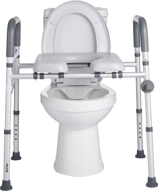 Grijze toiletverhoger met armleuningen, gemonteerd op een witte toiletpot.