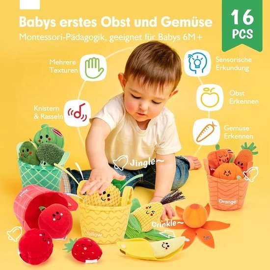 Montessori Zintuigelijke Speelset - 12 Stuks Zachte Fruit & Groente Speelgoed met Ritselgeluid voor Baby's 6-12 Maanden, Educatief Cadeau — afbeelding 4