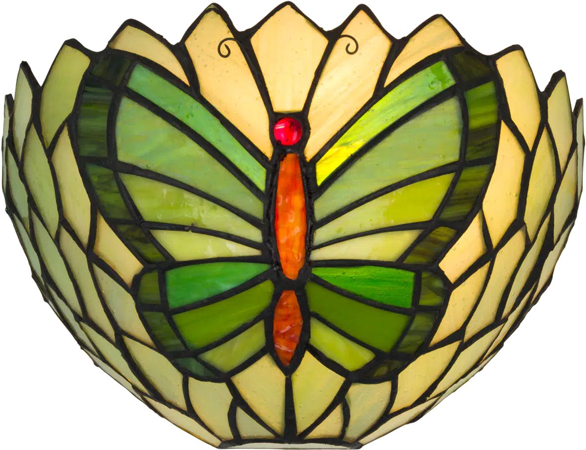 Tiffany wandlamp Vlinder - Groen - B 25 cm - Glas in lood - Warm licht - Muurlamp | RORUVERA