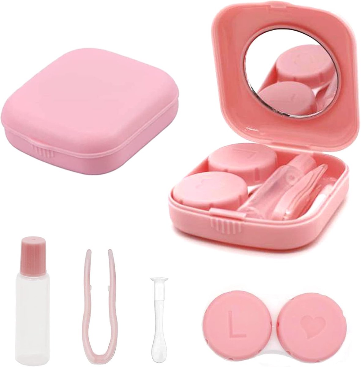 Compacte contactlenzenetui met spiegel en accessoires - Roze