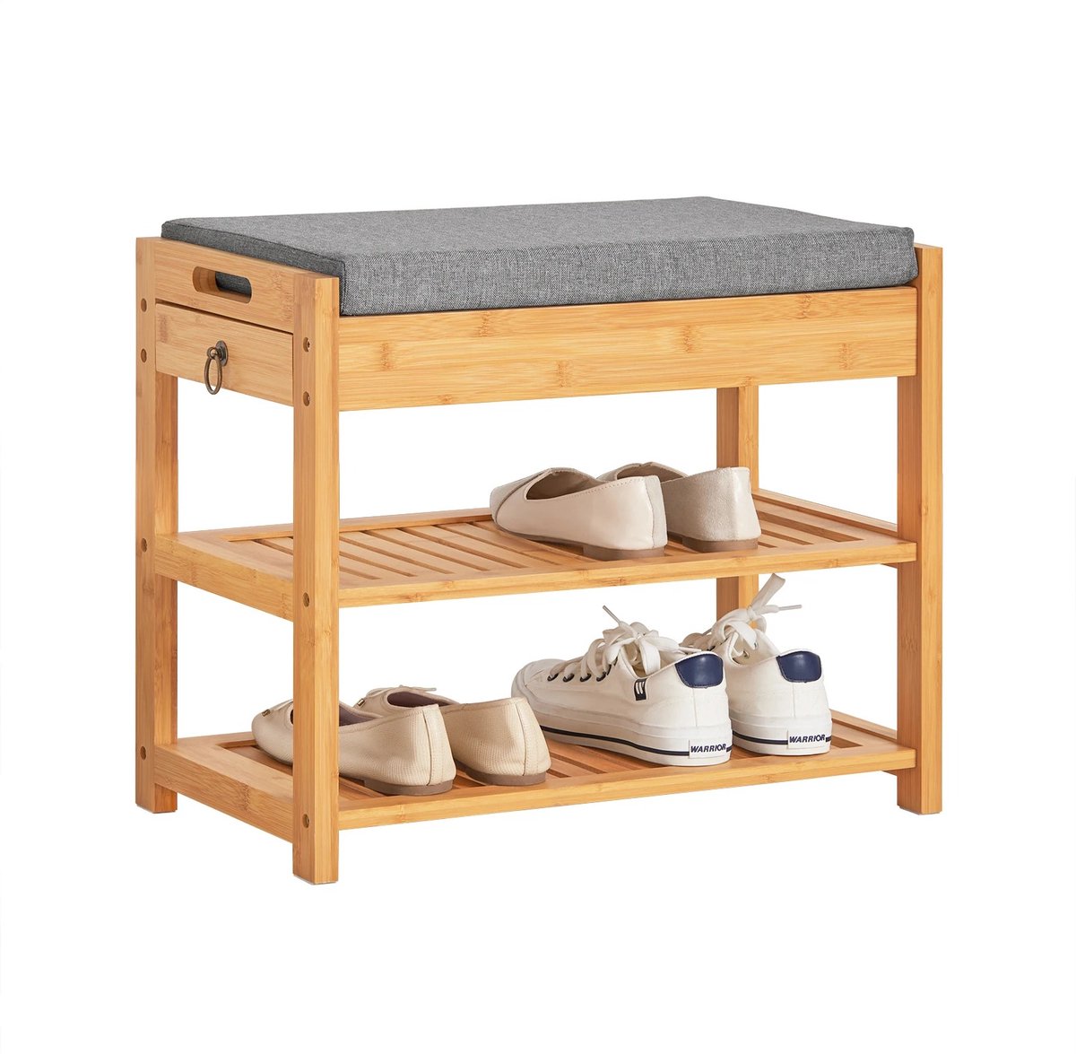Kelseek Schoenenbank - Schoenenrek - Halbank - Bankje - Met zitkussen - Met 2 planken en een lade - 55x46x30cm - Hout - Grijs
