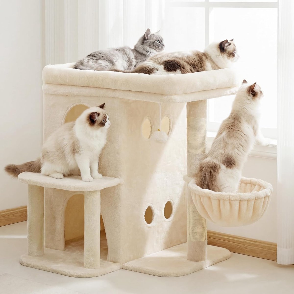 Katten Krabpaal 65cm Met Groot Platform Dubbel Huis Sisal Speelgoed Beige Compact – foto 6