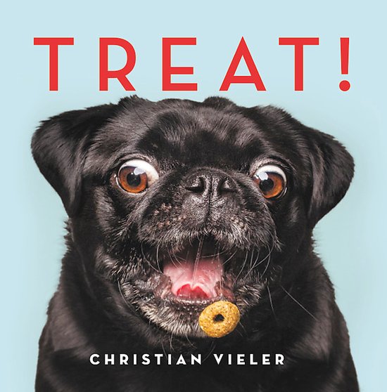 Zwarte mopshond met een koekje in zijn mond, de tekst "TREAT!" staat erboven.