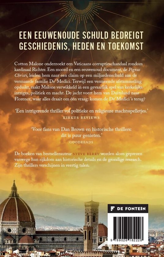 Livre 'Le Secret des Médicis' avec Florence en arrière-plan et texte sur une dette séculaire.