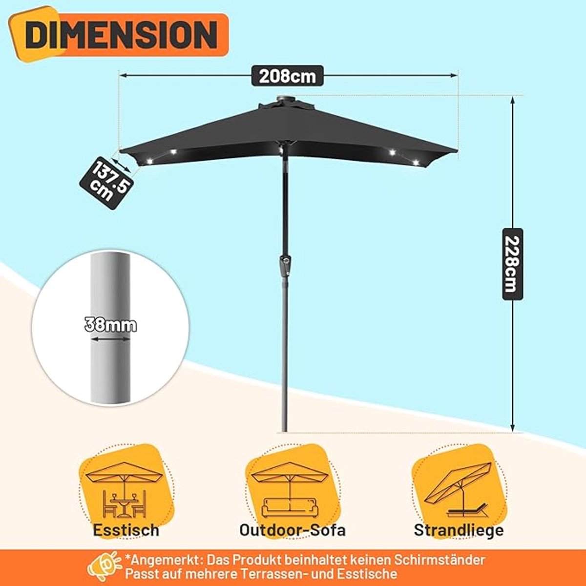 Parasol Ø 350 cm – Bellavero Luxe Aluminium Tuinparasol met Zwengel & Kantelbaar – UPF 50+ UV Bescherming, Waterafstotend – Grote Marktparasol voor Tuin, Balkon, Terras & Horeca – Grijs – Afmetinge...