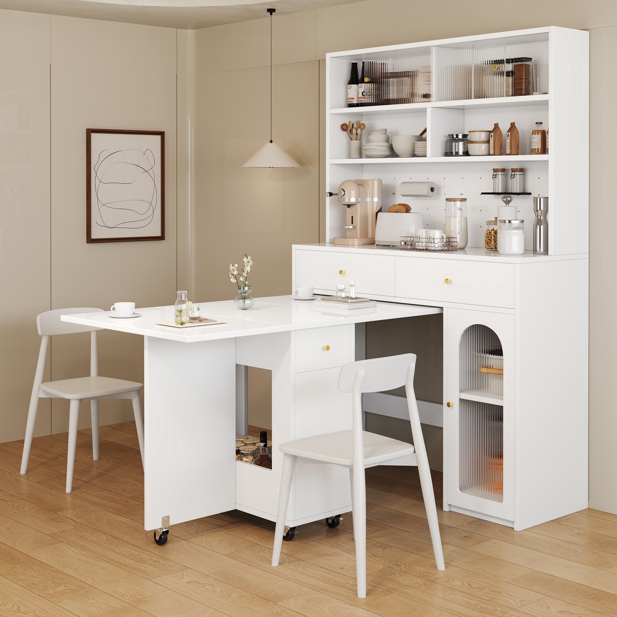 Sweiko Opklapbare Eettafel - Verplaatsbare bartafel - Met keukenkast - Opbergplanken - 2 lades - Wit (zonder stoel)