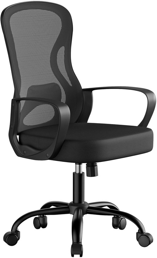 Fauteuil de bureau noir avec dossier respirant et accoudoirs, sur roulettes.