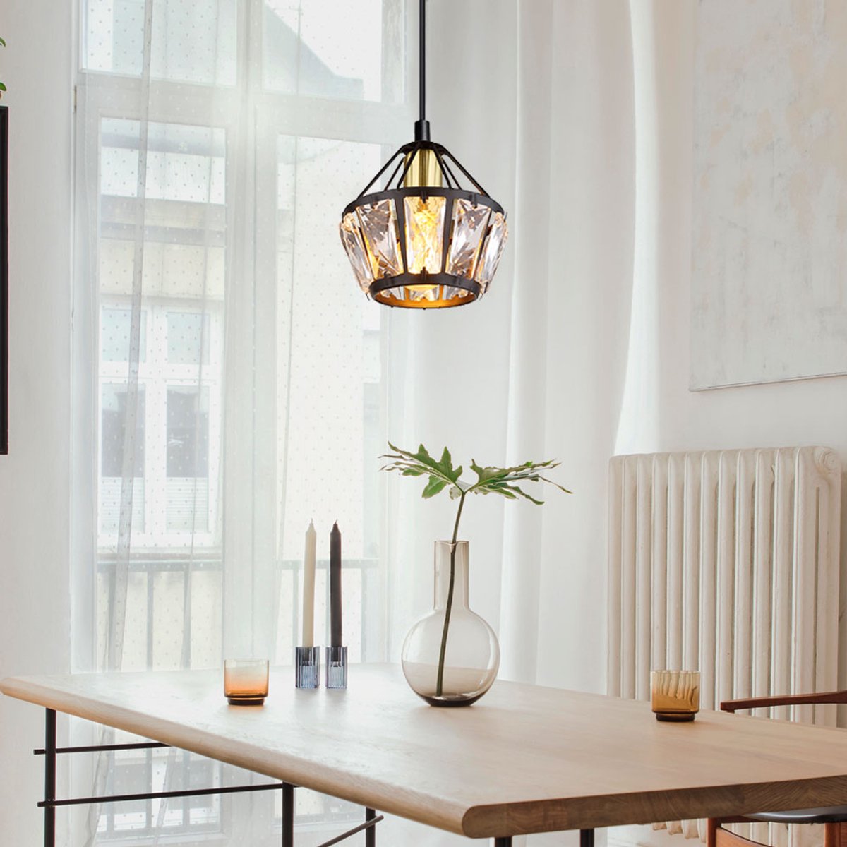 Hanglamp hanglamp woonkamer glazen kristallen hanglamp eettafel, metaal zwart messing, 1x E27 fitting, DxH 12,5x150 cm