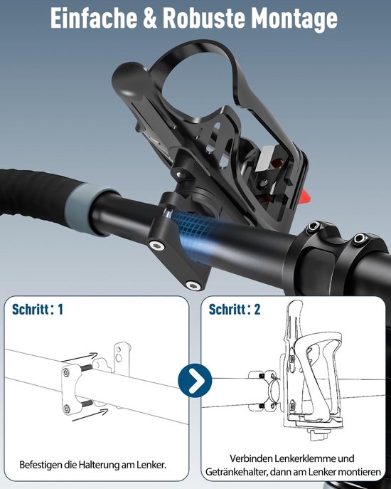 Bekerhouder - Fietsbekerhouder - Verstelbare bekerhouder - Geschikt voor diameters van 48–71 mm - Bevestiging voor stuur-frame - Geschikt voor mountainbikes, scooters, rolstoelen en kinderwagens - Zwart — afbeelding 2
