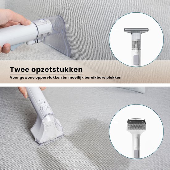 Reinigingsapparaat met twee opzetstukken: een sproeier en een borstel voor diverse oppervlakken.