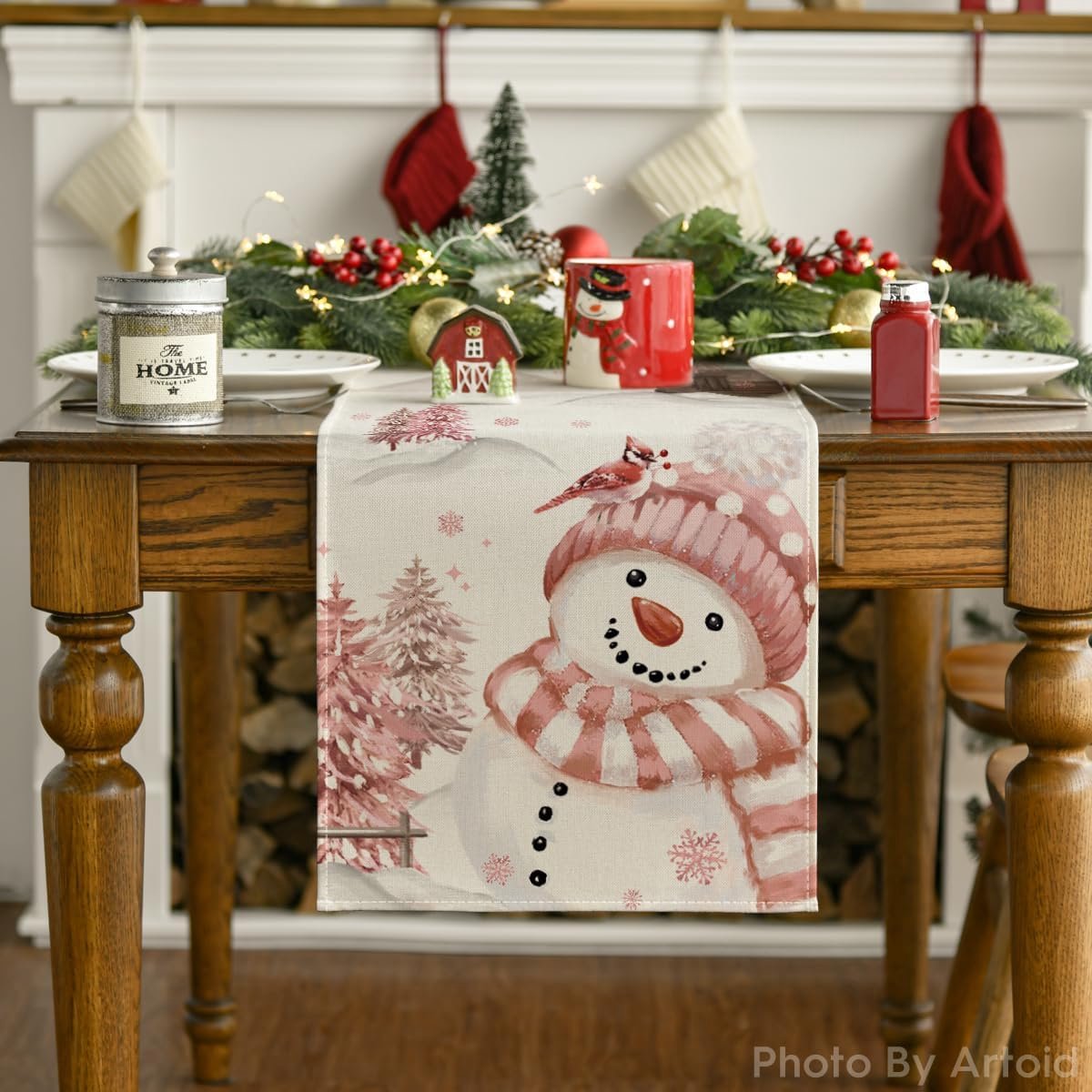 Tafelloper - Winterdecoratie - Feestelijke Tafel - Creatief Bedrukt Design - 40 x 100 cm - Roze