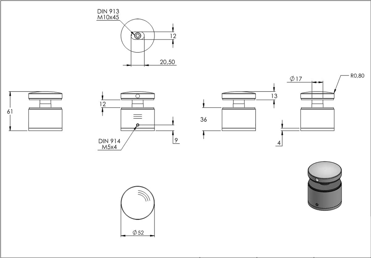 Glaspunthouder - Glazen Bevestiging - Glazen Planken - Verstelbare Afstand - 52 mm Diameter - Metaal