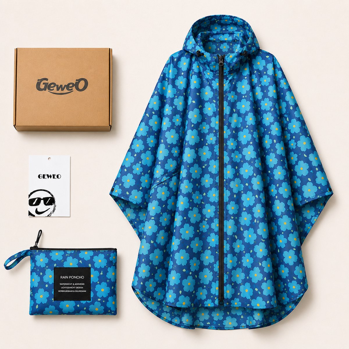 Geweo - Regenjas - Regenponcho - Regenponcho Volwassenen - Fietsponcho Fiets - Dames & Heren - Waterdicht - Blauwe Bloem